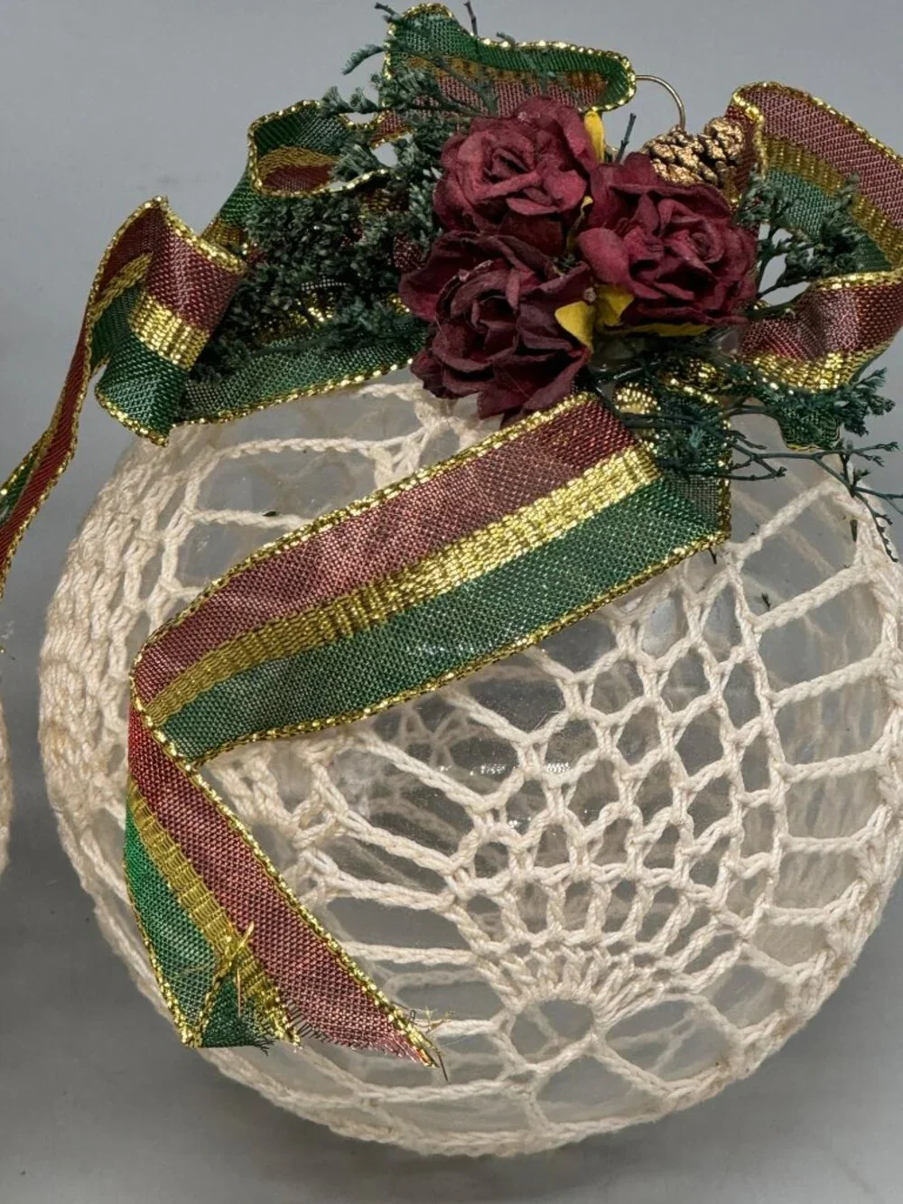 handmade Christmas bulbs ornaments set of 2 ribbon doily lace pine cones READ